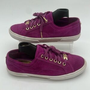 Michael Kors Fuchsia Suede Lace Up Sneakers Womens Size 7.5 Gold Accents